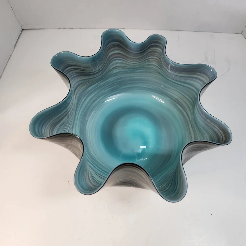 Vintage 3 Pc Murano-Style Art Glass Handkerchief Bowl Set Blue-Green Swirl Read